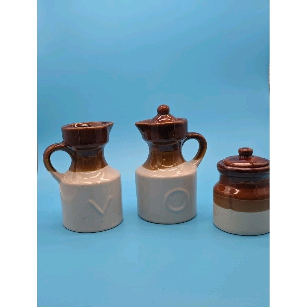 Stoneware Vinegar And Oil Set With Salt/Pepper Well Crock 3 Tone Brown